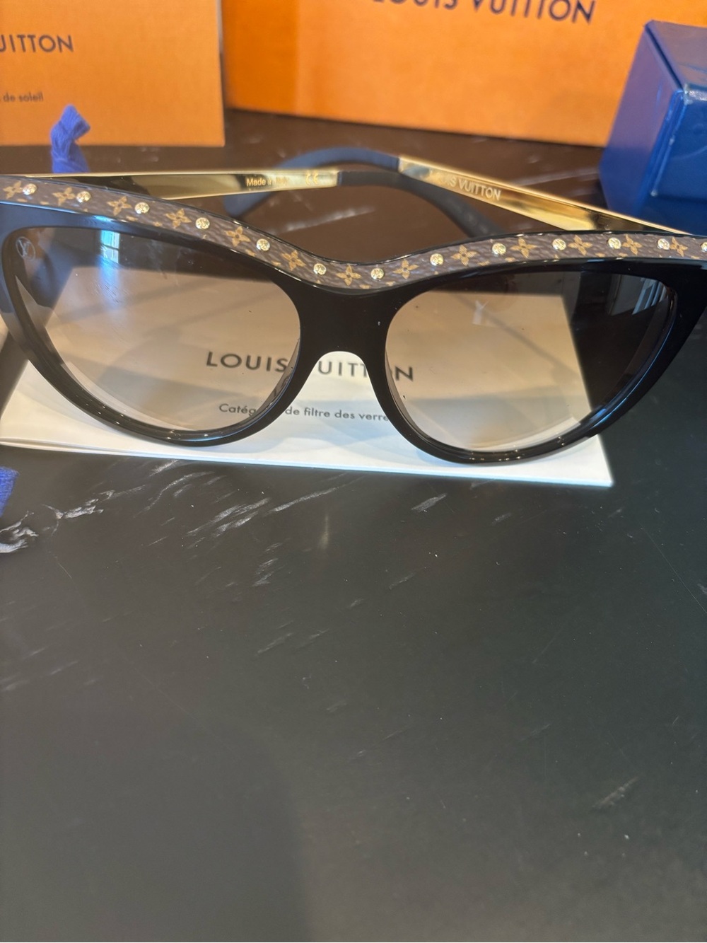 Louis Vuitton brown cat-eye sunglasses with gold stud accents. - Picture 2 of 12